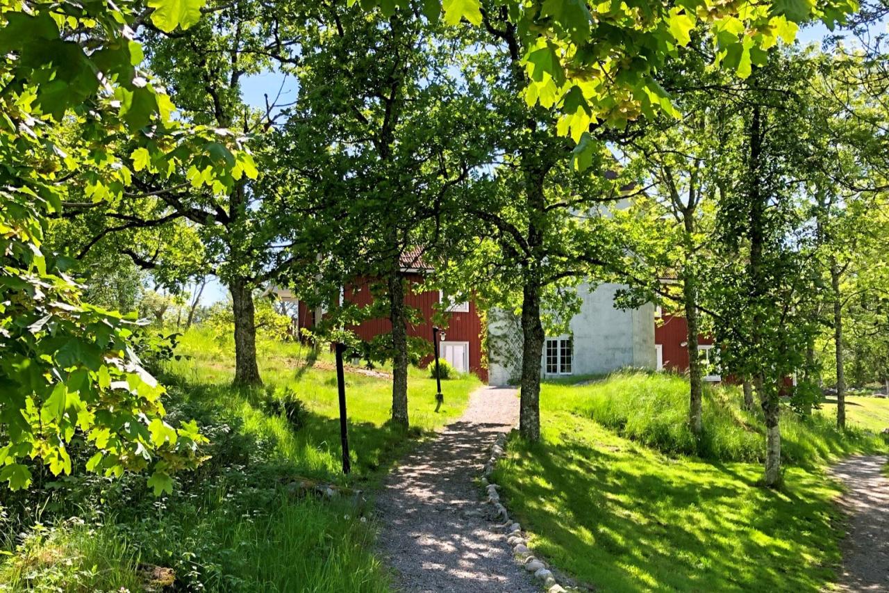 grönskande träd, liten grusväg upp mot röd träbyggnad.