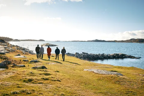 people walking along the sea